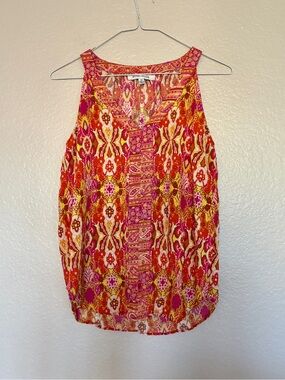 Rose + Olive Pink/Orange/Yellow Printed Sleeveless Halter Tank Top Paisley Y2K